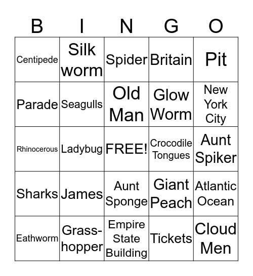 James and the Giant Peach Bingo Card