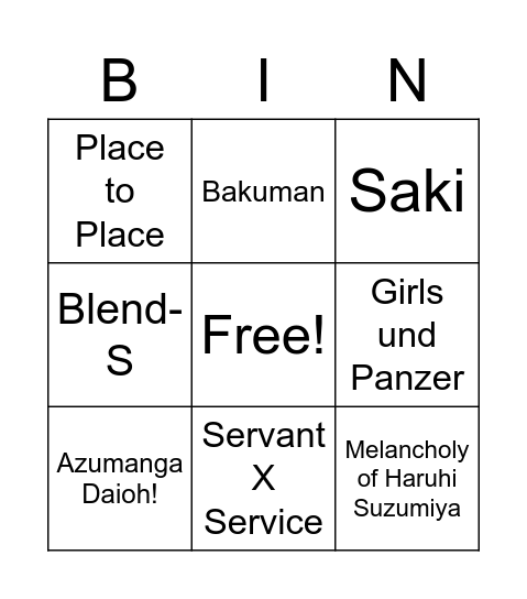 Anime Bingo - I'm Recommending... Bingo Card