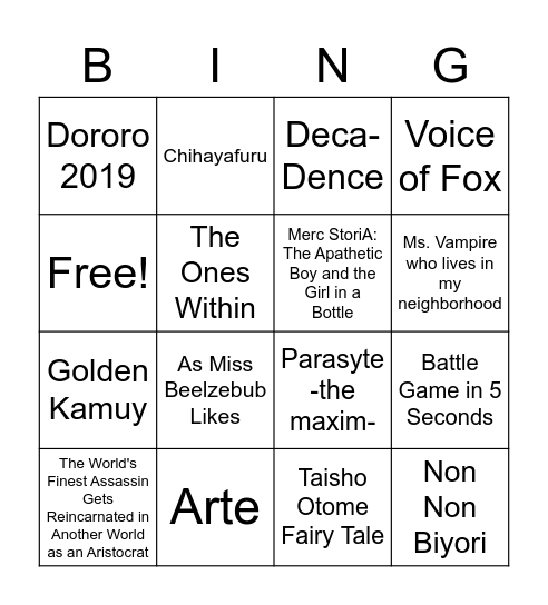 Anime Bingo - I Recommend (Ben Version) Bingo Card