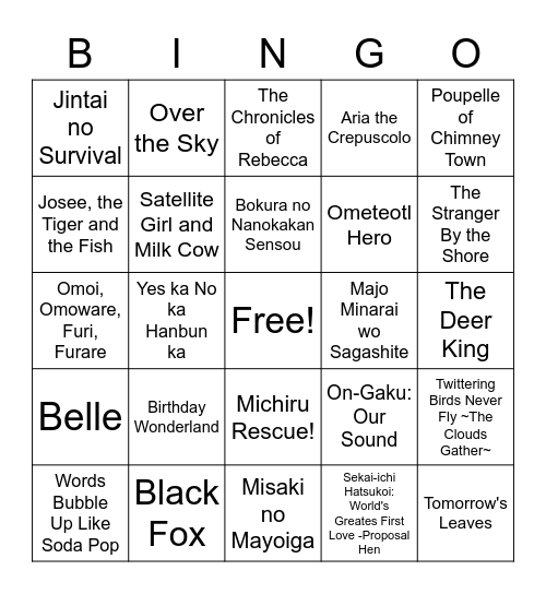 Anime Bingo - Movies Bingo Card