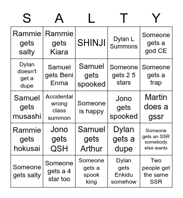 FGO 2022 New Years GSSR Bingo Card