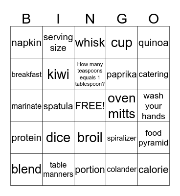 Cooking at SHSH Summer Camp! Bingo Card