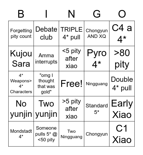 Xiao banner Bingo Card