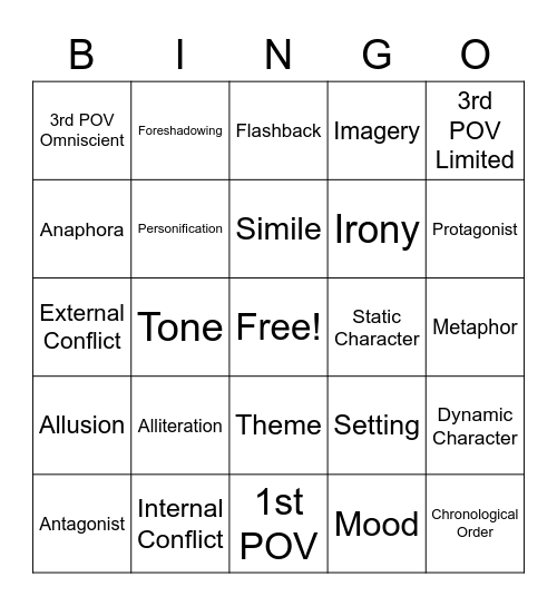 Lit terms Bingo Card