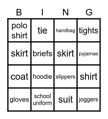 clothes Bingo Card
