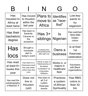 Kwanzaa Bingo Card