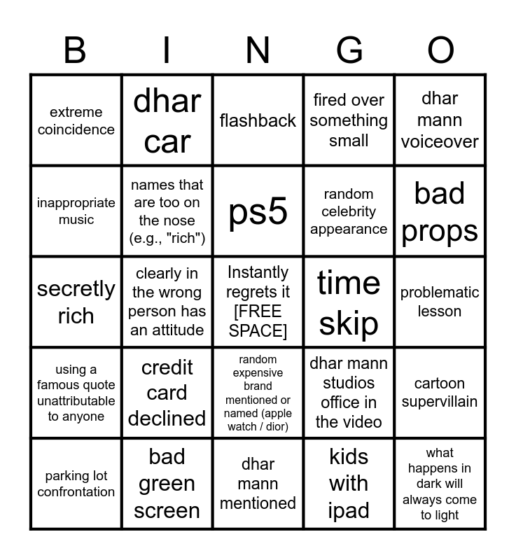 Dhar Mann Bingo v2 Bingo Card