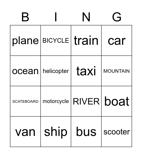 Transport Bingo Card