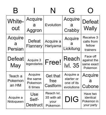 Pokemon Emerald Bingo Card