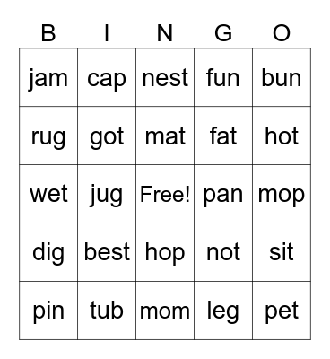 Short Vowels Bingo Card
