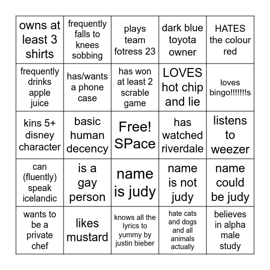 GAY PERSON BIMGO Bingo Card