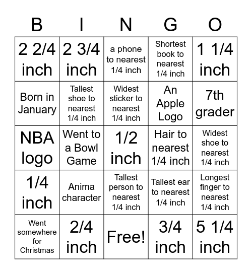 Measurement Game #2 Bingo Card