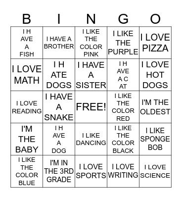 ALL ABOUT ME Bingo Card