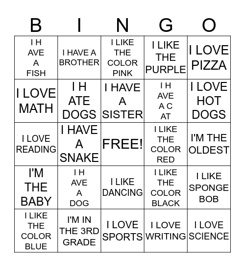 ALL ABOUT ME Bingo Card