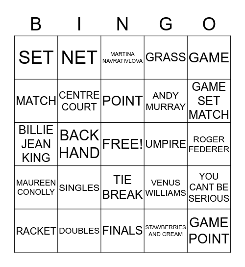 WIMBLEDON Bingo Card