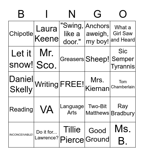 7th Grade Bingo! Bingo Card