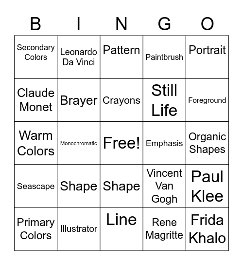 Art Bingo II Bingo Card