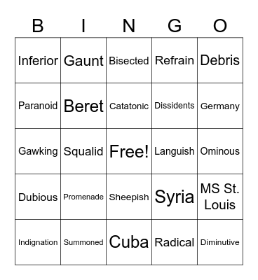 Refugee Vocabulary Bingo Card