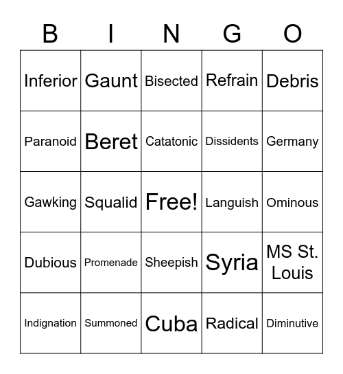 Refugee Vocabulary Bingo Card