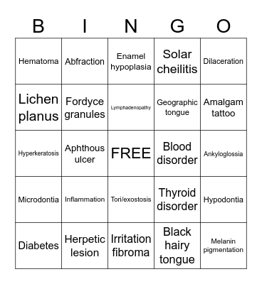 Oral Pathology Bingo Card