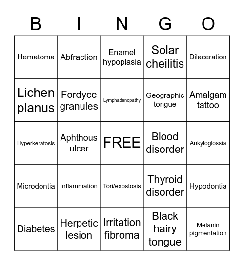 Oral Pathology Bingo Card