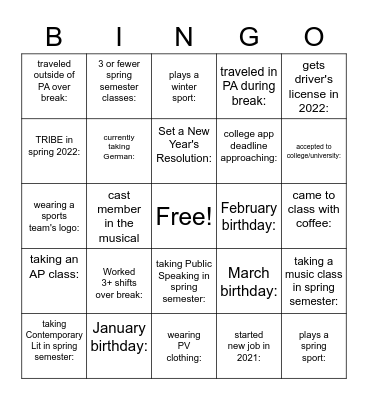 Welcome Back! Bingo Card