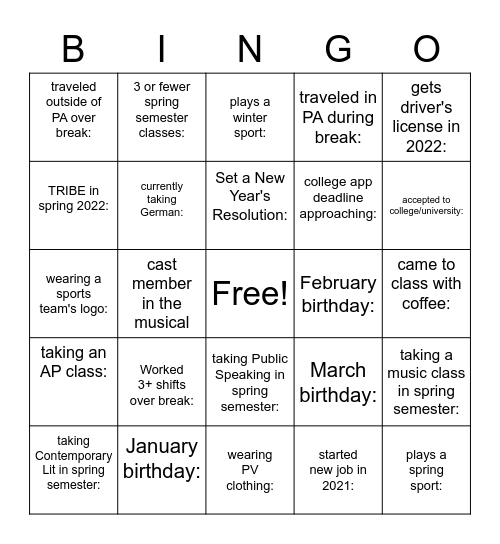 Welcome Back! Bingo Card