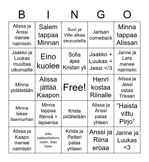 Raba season 4 Bingo Card