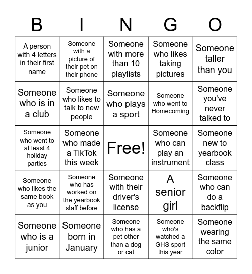 Yearbook Bingo Card