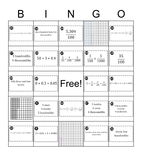 DECIMALS Bingo Card