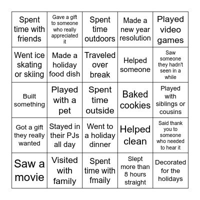 Christmas/New Years Break Bingo Card