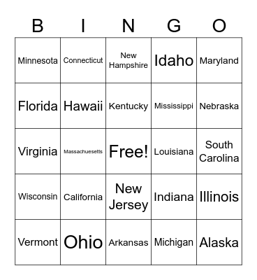 U.S. States Bingo! Bingo Card