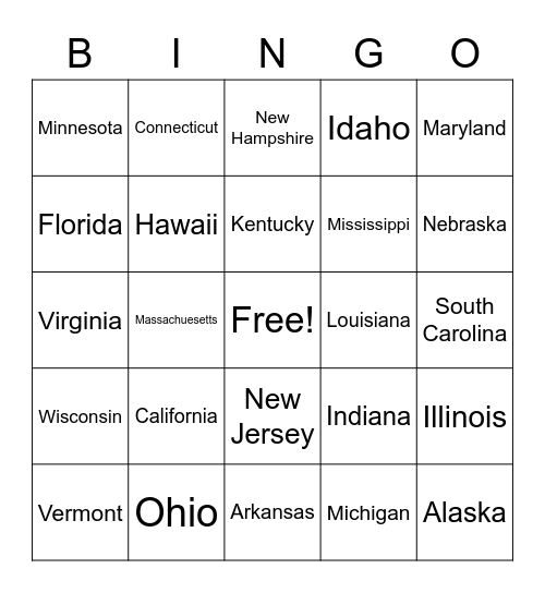 U.S. States Bingo! Bingo Card