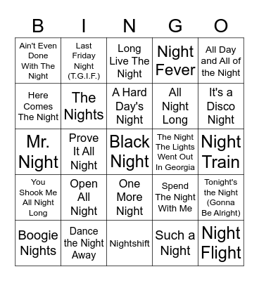 "Night" Songs Bingo Card