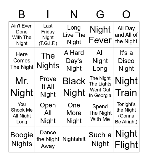"Night" Songs Bingo Card