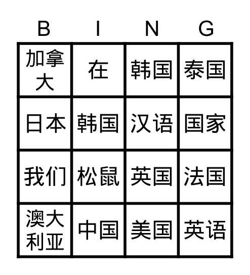 国家 Bingo Card