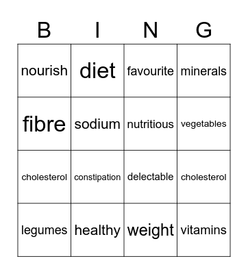 Nutrition Sight words Bingo Card