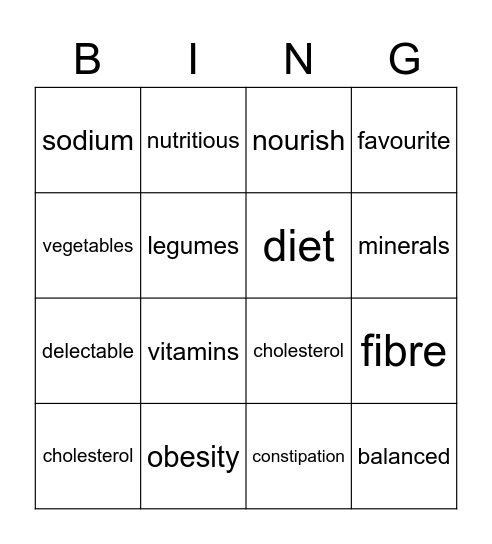 Nutrition Sight words Bingo Card