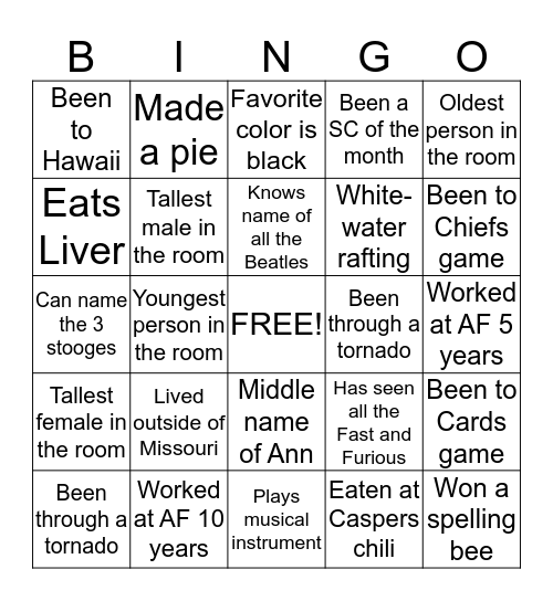 Getting to know you bingo Card