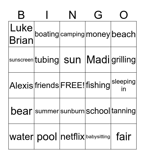 Summer  Bingo Card