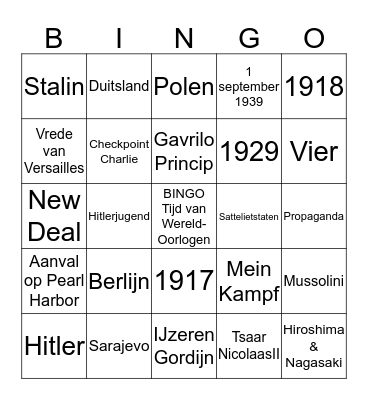 BINGO Tijdvak van Wereldoorlogen Bingo Card