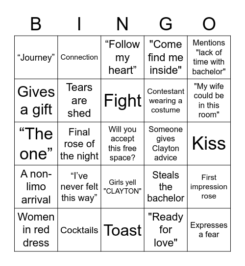 Bachelor Bingo Card