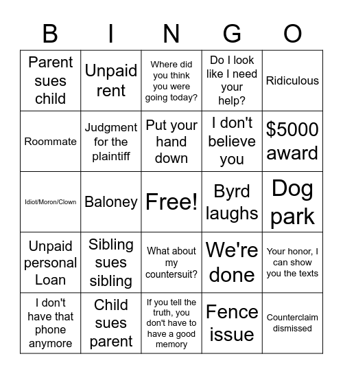 JUDGE JUDY Bingo Card