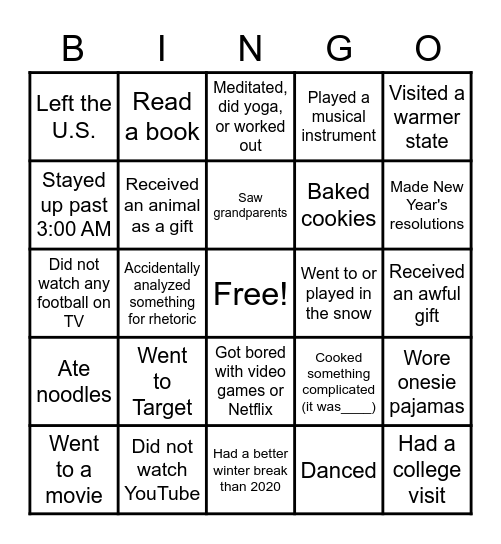 Winter Break Return: Find Someone Who... Bingo Card