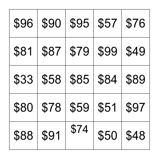 100 Envelope Challenge Bingo Card
