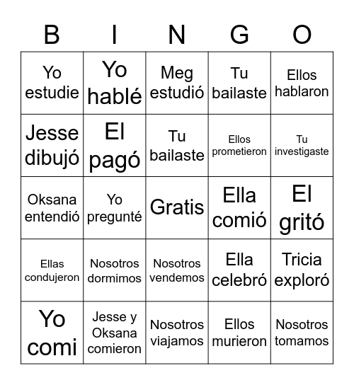 Verbos Pasados y Pronombres Bingo Card