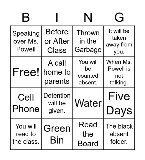 Review Classroom Procedures Bingo Card