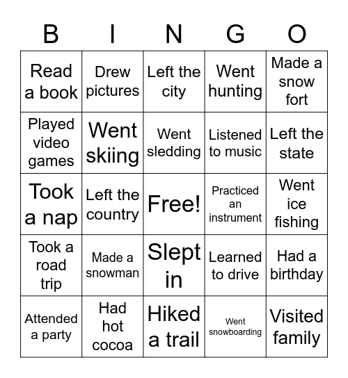 Winter Break Bingo Card