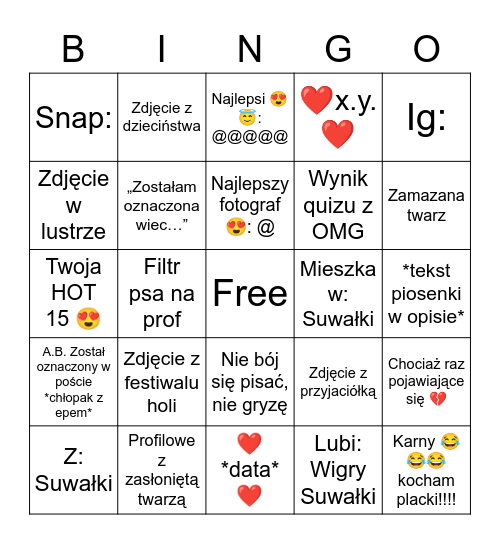 Typowa laska z Suwałk na FB 2017-18 Bingo Card