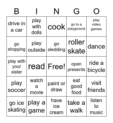 Vacation Activities Bingo Card